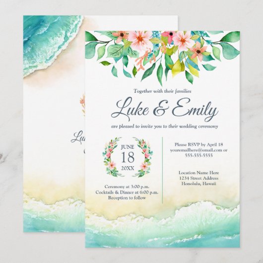 Tropische Bestemming Aquarel Bruiloft Kaart (Voorkant / Achterkant)