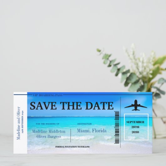 Tropische Bestemming Blauw Trouw Save The Date (Staand voorkant)