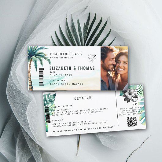 Tropische bestemming Boarding Pass Beach Wedding Kaart