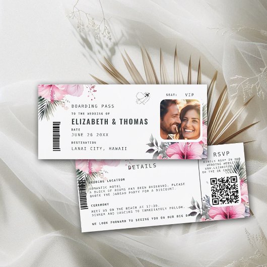 Tropische Bestemming Boarding Pass Bloemenbruiloft Kaart