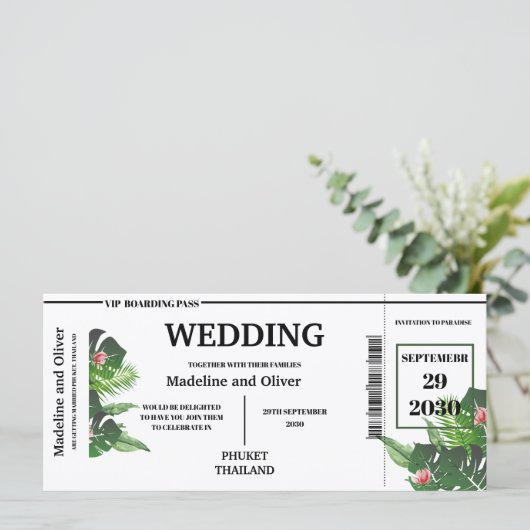 Tropische bestemming Boarding Pass bruiloft uitnod (Staand voorkant)