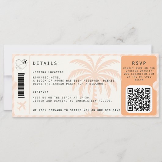 Tropische bestemming Boarding Pass Palm QR Wedding Kaart (Achterkant)