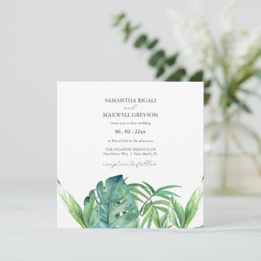 Tropische bestemming bruiloft uitnodigingen Palm (Staand voorkant)