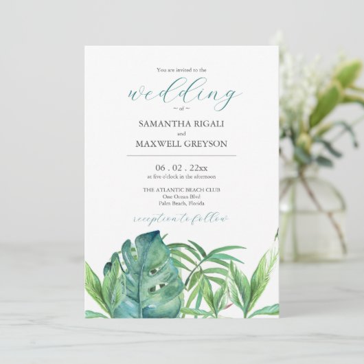 Tropische bestemming bruiloft uitnodigingen Palm (Staand voorkant)
