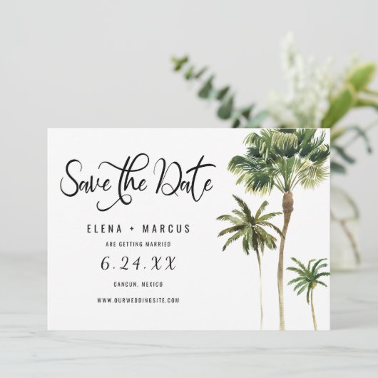 Tropische Bestemming Palmboom Bewaar De Datum Kaart (Staand voorkant)
