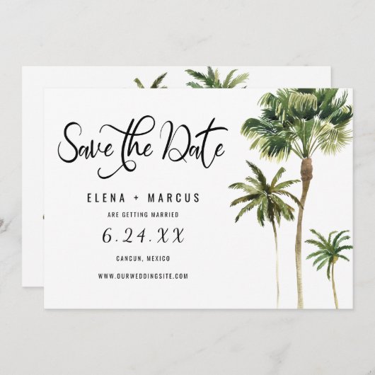 Tropische Bestemming Palmboom Bewaar De Datum Kaart (Voorkant / Achterkant)