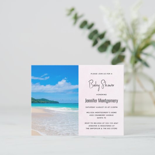Tropische Bestemming Schitterend Strand Baby Showe Uitnodiging Briefkaart (Staand voorkant)
