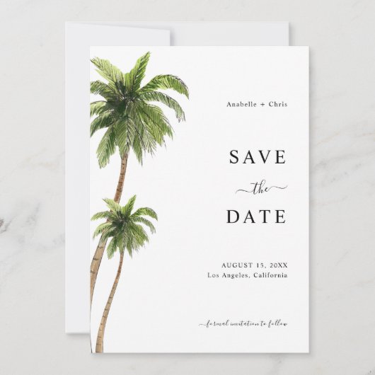 Tropische Bestemming Trouwdag met Palmboom aan het Save The Date (Voorkant)