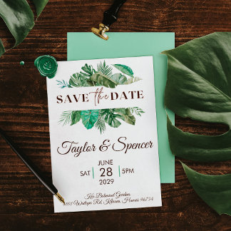Tropische bestemmingsbruiloft bespaart de data save the date