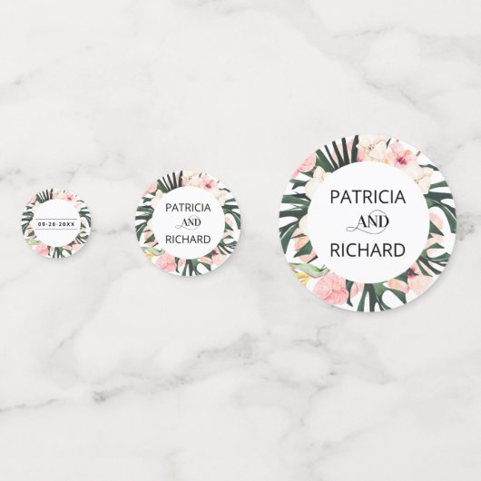 Tropische bestemmingsweddenschap bespaart de datum confetti (Achterkanten)