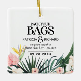 Tropische bestemmingsweddenschap bespaart de datum keramisch ornament