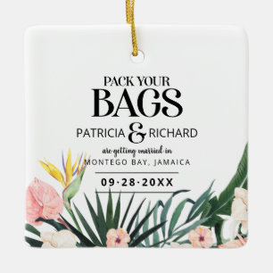 Tropische bestemmingsweddenschap bespaart de datum keramisch ornament