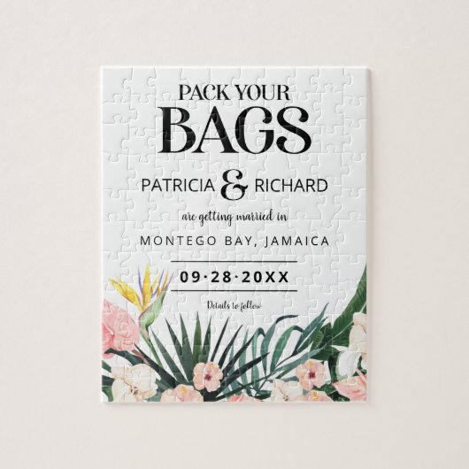 Tropische bestemmingsweddenschap bespaart de datum legpuzzel (Verticaal)