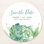 Tropische bestemmingsweddenschap sparen de Datum Ronde Kartonnen Onderzetter<br><div class="desc">Zet de toon voor uw tropische boho bruiloft met deze stijlvolle save the date onderzetters, met script kalligrafie die elegante hand belettering nabootst. Dit moderne ontwerp toont een replica van mijn originele waterverf-kunstwerk, met weelderige groene palmbladeren en monsterabladeren, ideaal voor een unieke bestemmingsoptie voor huwelijksbriefpapier. Personaliseer met uw namen, trouwdatum...</div>