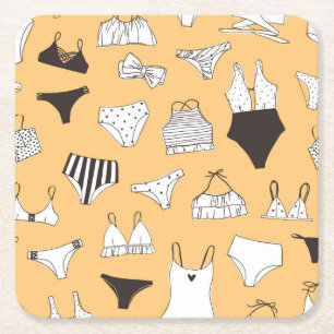 Tropische bikini: handgetekend zomerpatroon kartonnen onderzetters