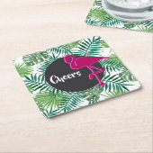 Tropische blaaspatronen en roze flamingoesters kartonnen onderzetters (Schuin)