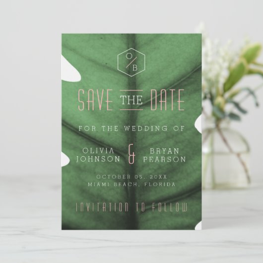 Tropische Blad Art Deco Geïnspireerde Save the Dat Kaart (Staand voorkant)