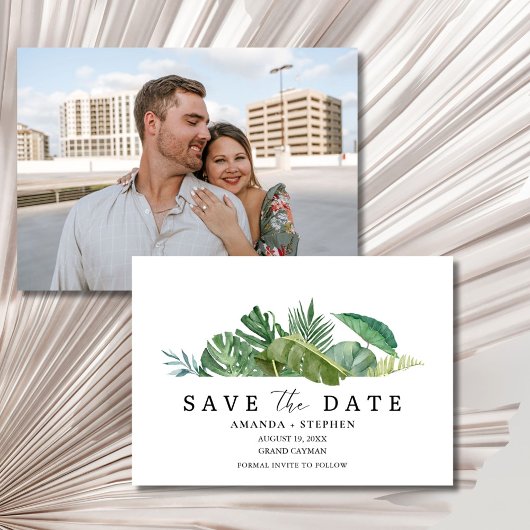 Tropische blad foto strand bruiloft save the date