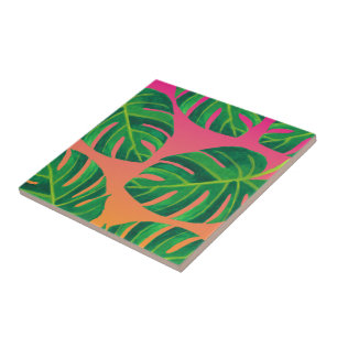 Tropische blad oranje roze decoratieve keramische tegeltje