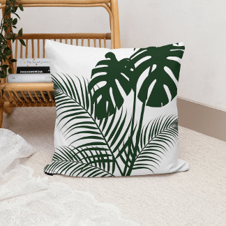 Tropische bladeren 1 donkergroen op wit kussen