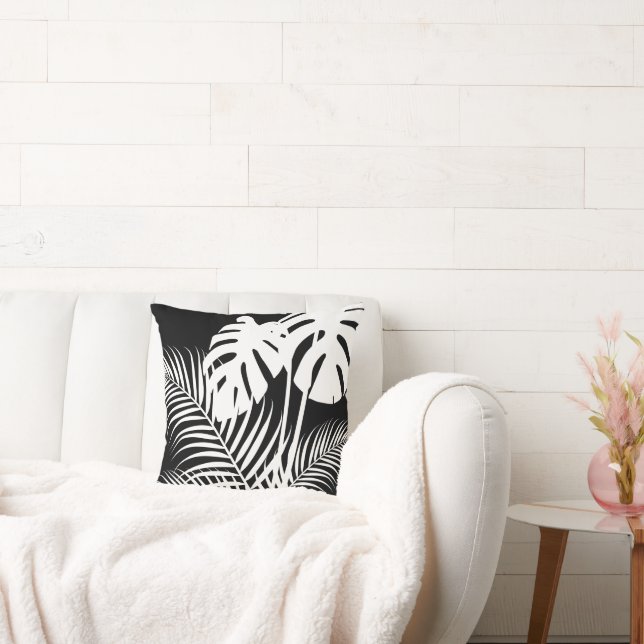 Tropische bladeren 1 wit op zwart kussen (Bank)