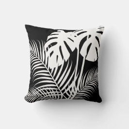 Tropische bladeren 1 wit op zwart kussen