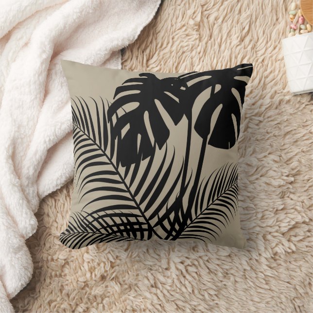 Tropische bladeren 1 zwart op Tan Kussen (Deken)