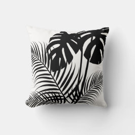Tropische bladeren 1 zwart op wit kussen
