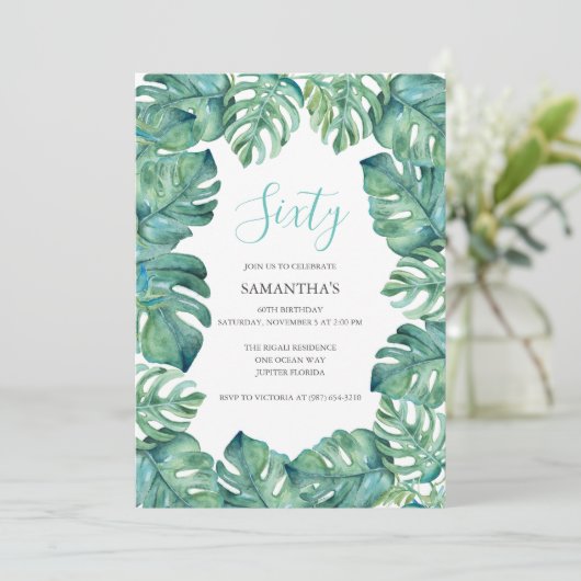 Tropische bladeren 60ste verjaardag uitnodigingen  (Staand voorkant)