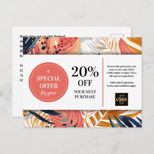 Tropische Bladeren Abstract Coupon Korting Briefkaart (Voorkant / Achterkant)