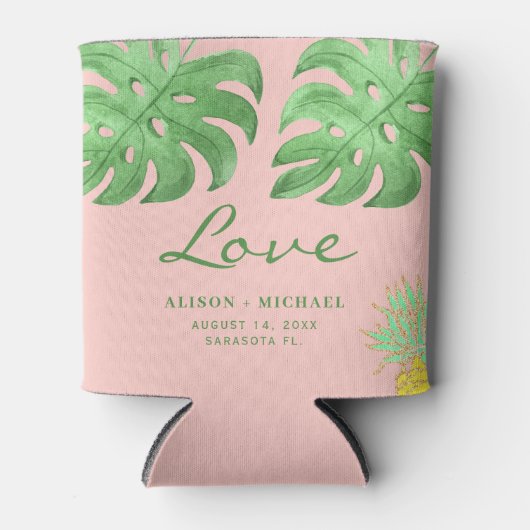 Tropische bladeren ananas groen strand bruiloft blikjeskoeler (Voorkant)