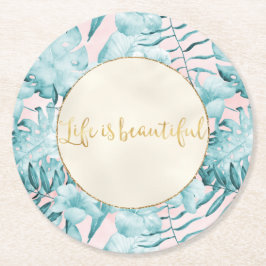 Tropische bladeren Aqua Gold Ronde Kartonnen Onderzetter