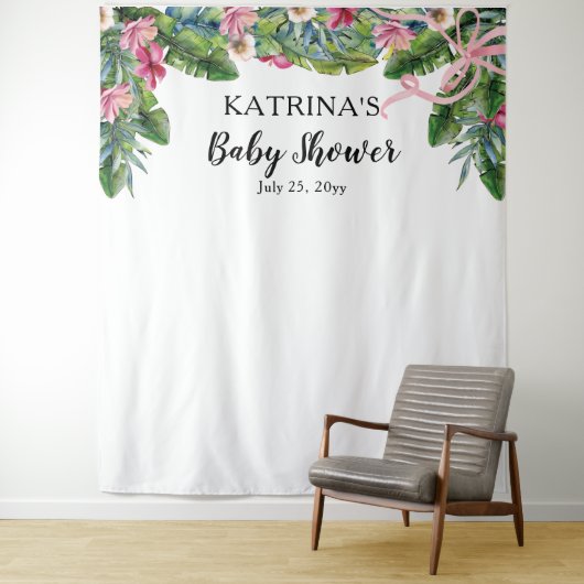 Tropische bladeren | Baby shower van roze Floral G Wandkleed (In situ)