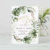 Tropische bladeren besparen de datum save the date (Staand voorkant)