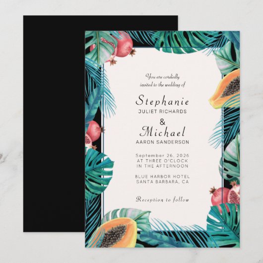 Tropische bladeren bestemming bruiloft kaart (Voorkant / Achterkant)