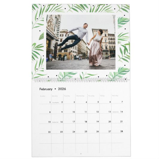Tropische bladeren bewerkbare jaarfoto kalender (Feb 2026)