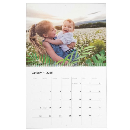 Tropische bladeren bewerkbare jaarfoto kalender (Jan 2026)