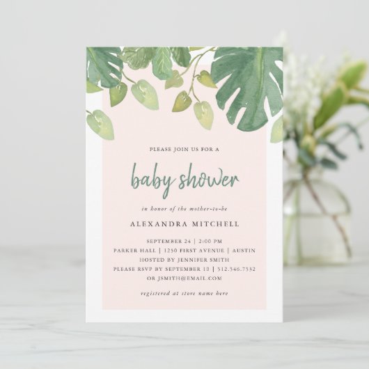 tropische bladeren | Blauw en groen Baby shower Kaart (Staand voorkant)