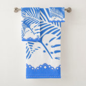 Tropische bladeren Blauw met witte Fancy rand Bad Handdoek (Insitu)