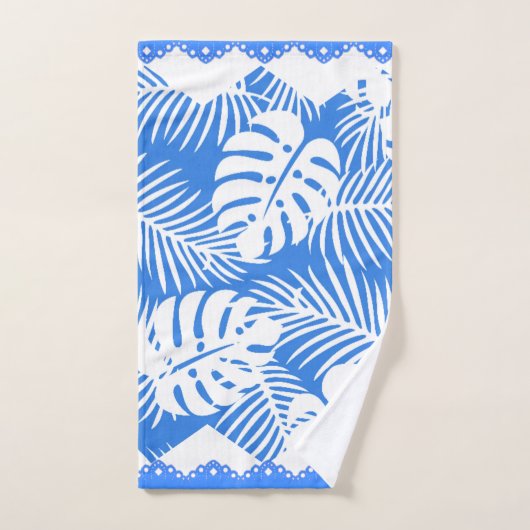Tropische bladeren Blauw met witte Fancy rand Bad Handdoek (Handdoek)