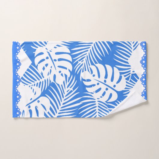 Tropische bladeren Blauw met witte Fancy rand Bad Handdoek (Handdoek)