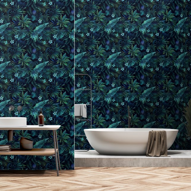 Tropische bladeren Blauwe Bloemen Behang (Badkamer)