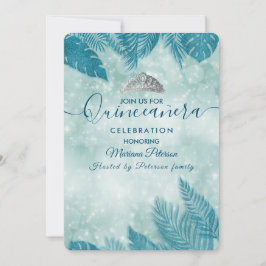 Tropische bladeren blauwe bokeh tiara Quinceañera Kaart