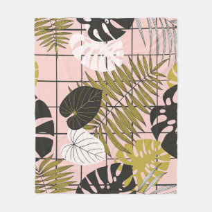 Tropische bladeren, bloemen, met de hand geschilde fleece deken