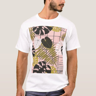 Tropische bladeren, bloemen, met de hand geschilde t-shirt