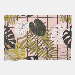 Tropische bladeren, bloemen, met de hand geschilde theedoek