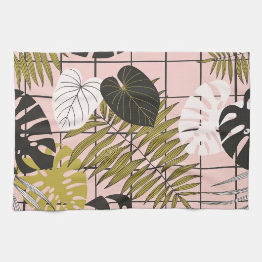 Tropische bladeren, bloemen, met de hand geschilde theedoek (Horizontaal)