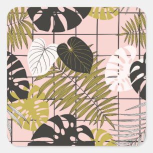 Tropische bladeren, bloemen, met de hand geschilde vierkante sticker