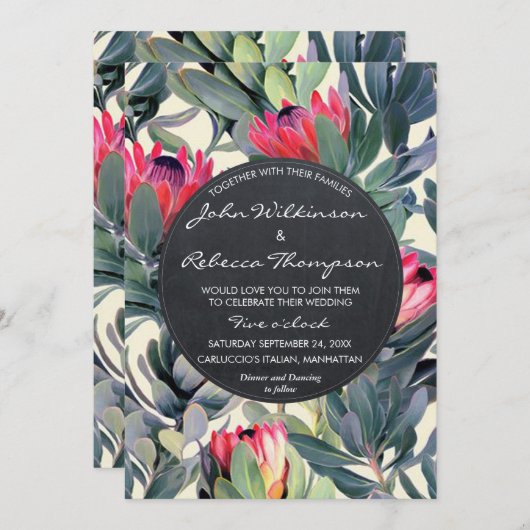 Tropische bladeren bloemen moderne bruiloft uitnod kaart (Voorkant / Achterkant)