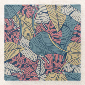 Tropische bladeren, bloemennaadloze achtergrond. glazen onderzetter